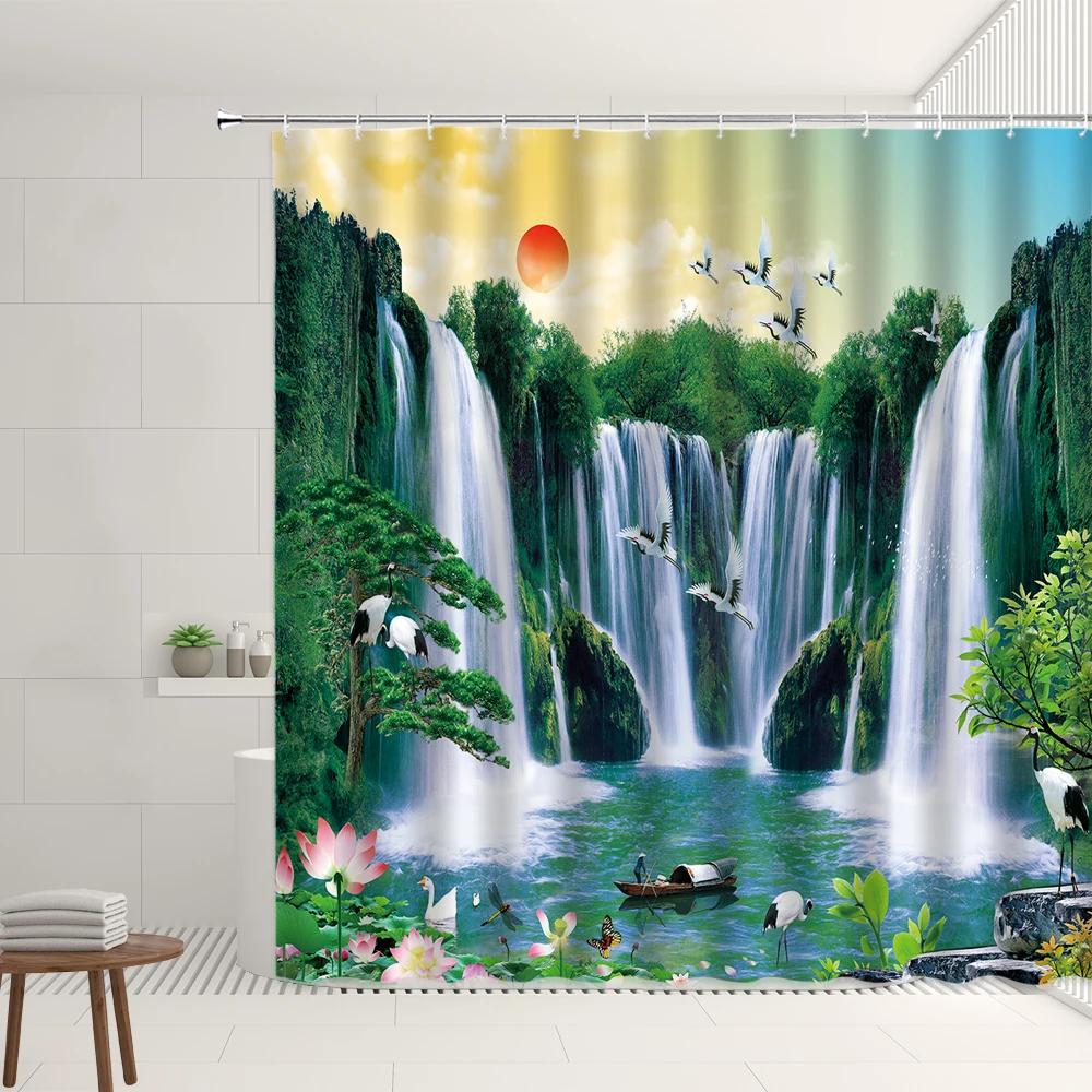 Chinese Landscape Shower Curtain Sets Mountain Waterfall Sunrise Flower Plant Residence Decorations Bathtub Screens With Hooks