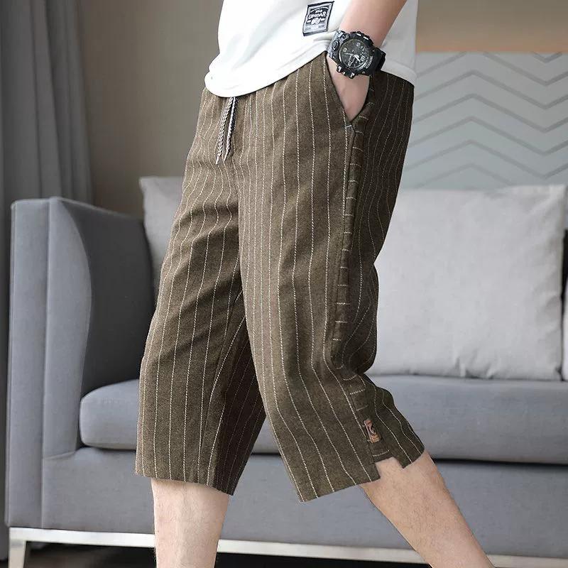 Summer Cotton Hemp Thin Straight Casual Capris Men Print Stripe Elastic Waist Drawstring Pocket Versatile Loose Shorts