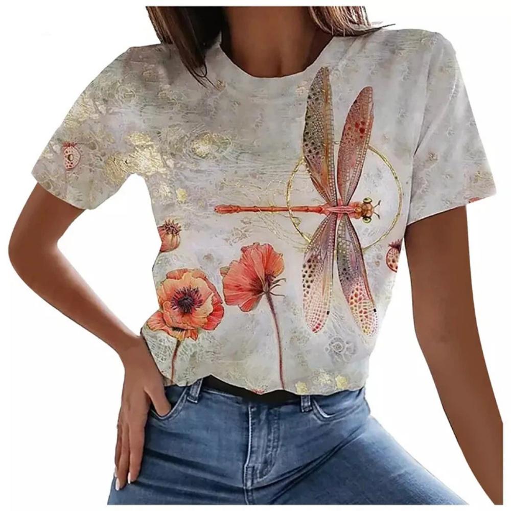 Fashion art floral pattern T-shirt for ladies, summer casual printed outfit