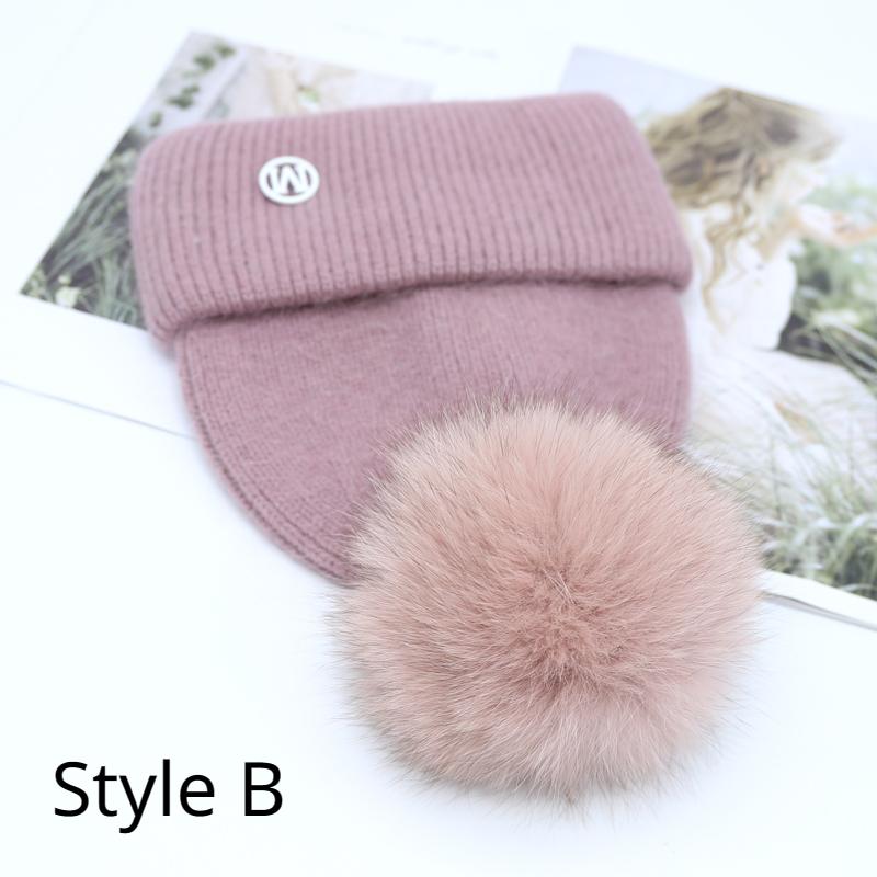New In Hat Real Fox Fur Pom Poms Hat Women Outdoor Warm Skullies Beanie Winter Hat For Women Rabbit Knitted Thick Cap Christmas