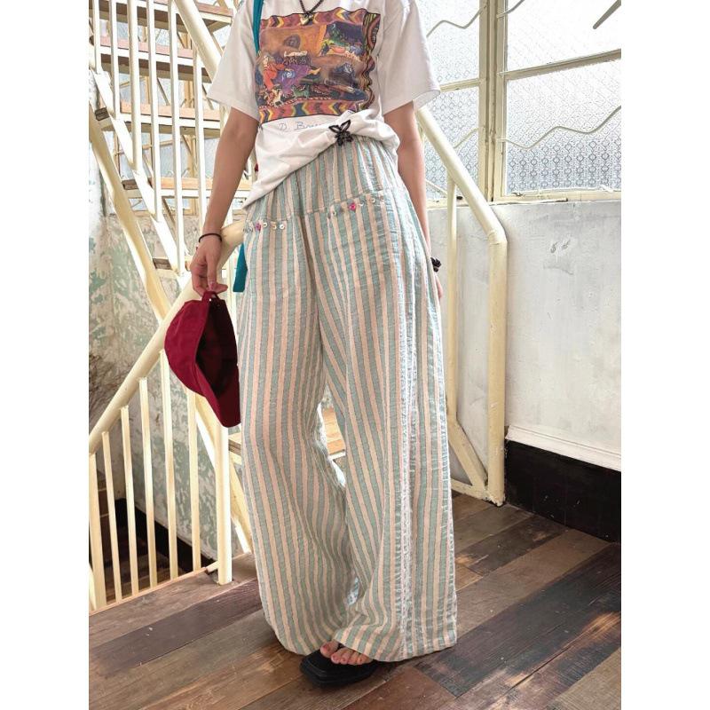 Damen Mintgrüne Gestreifte Baumwolle Leinen Weitbein Hose - Neu Lässig Locker