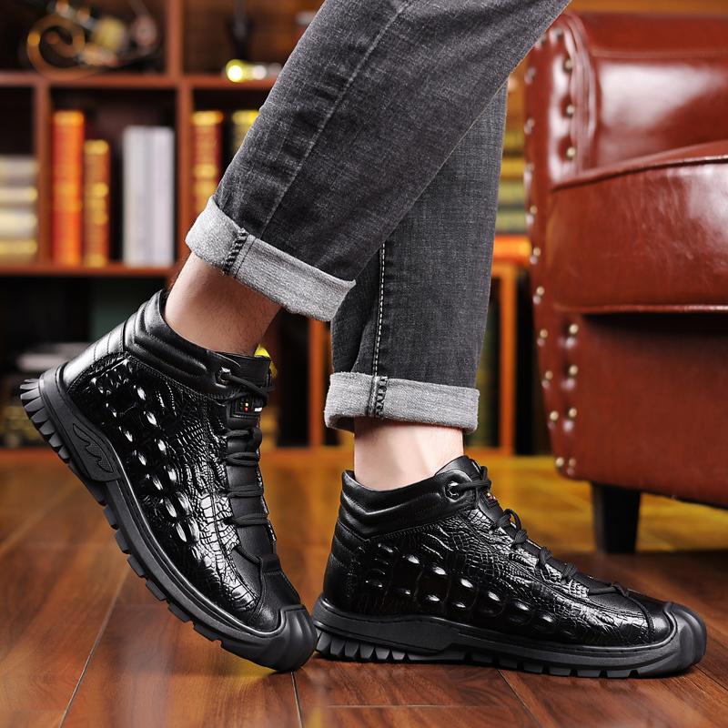 Fashion Men's Casual Shoes Fashion Genuine Leather Crocodile Print Sneakers Leather Shoes Luxury Designers Wool Inside Warm Snow Boots