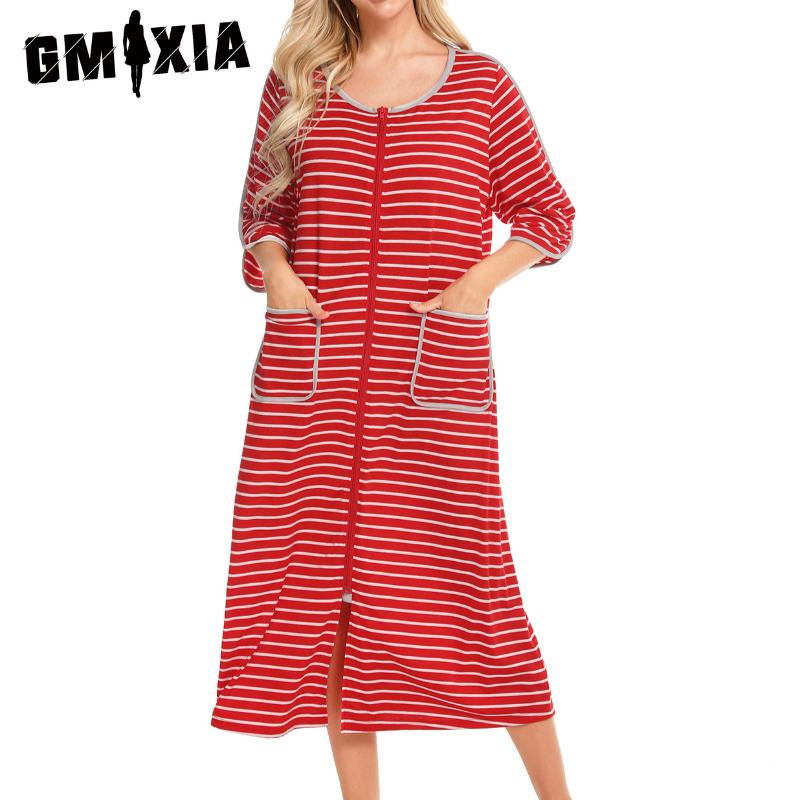 

GMXIA Autumn and Winter Home Wear Comfortable Casual Loose Pajamas Seven-minute Sleeves Large Size Striped Nightgowns XXL красный