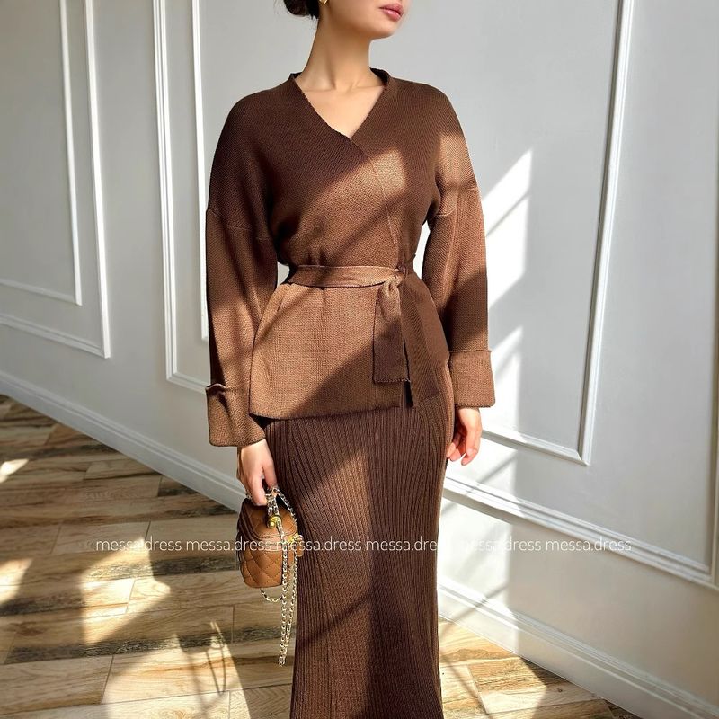 V-neck Lace-up Elegant High Waist Skirt 2 Pieces Knitting Suit Skirt 2-Piece Knitted Set