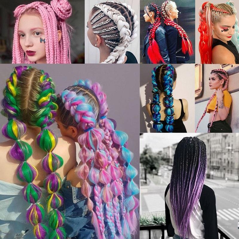 Extension de Cheveux Synthétiques à Tresser 24 Pouces Couleur Arc-en-ciel DIY Jumbo Cheveux Rose Rouge Bleu Coiffure pour Femmes