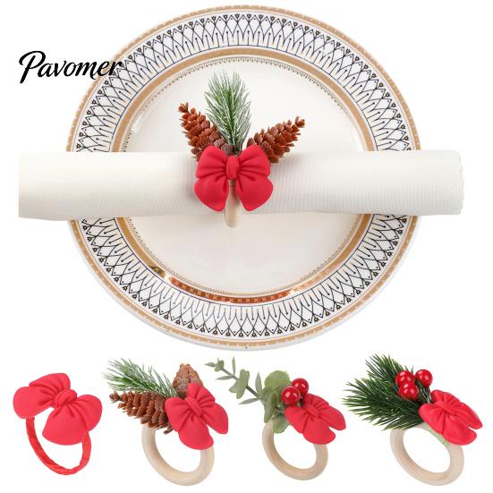 Bulk Napkin Rings for Hotel Mini Christmas Ring, Small Red Bow Wooden Holder with Farmhouse Dining Table Decor Berries Pine Cones New Year Party