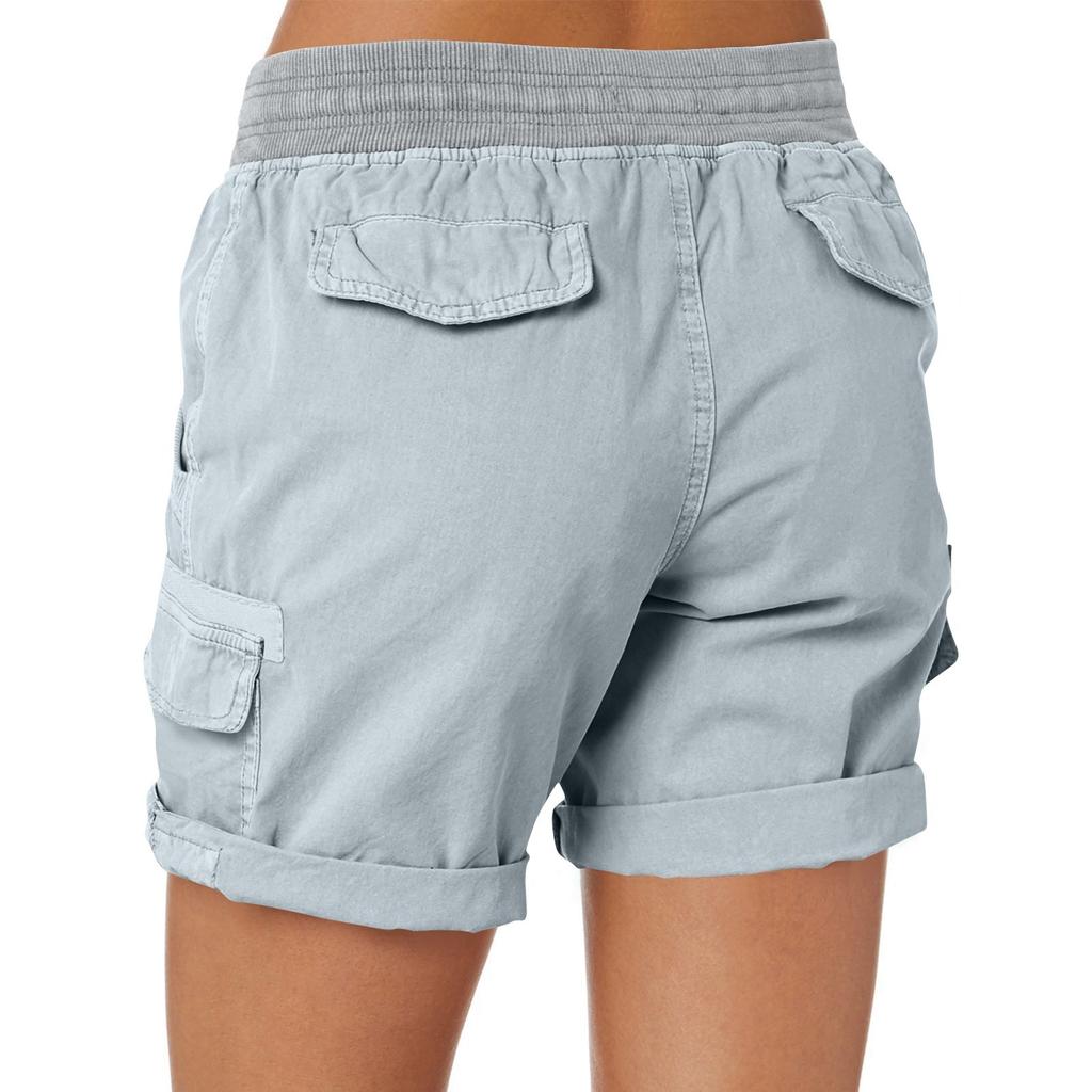 Women's Fashionable Color Pocket Drawstring Casual Work Pants With Elastic Waist And Rolled Edge Five Quarter Shorts