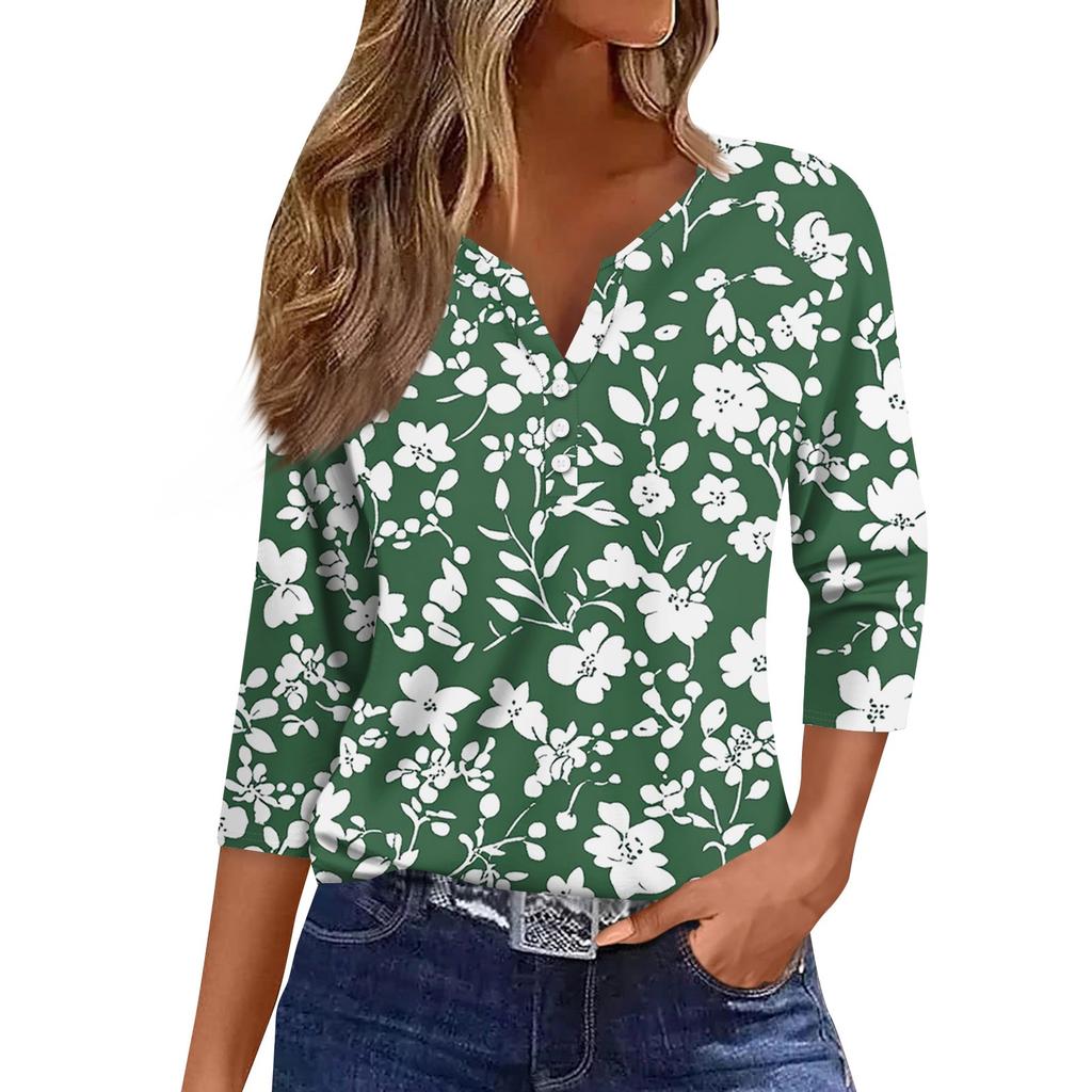 Women's T Shirt Tee Print Button 3/4 Sleeve Daily Weekend Fashion Basic V Neck Regular Top