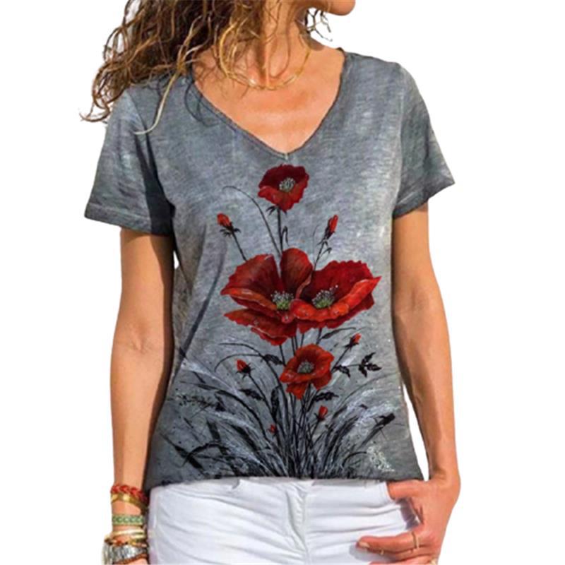 Summer Women's V-neck Floral 3D Printed Women's Short Sleeved T-shirt
