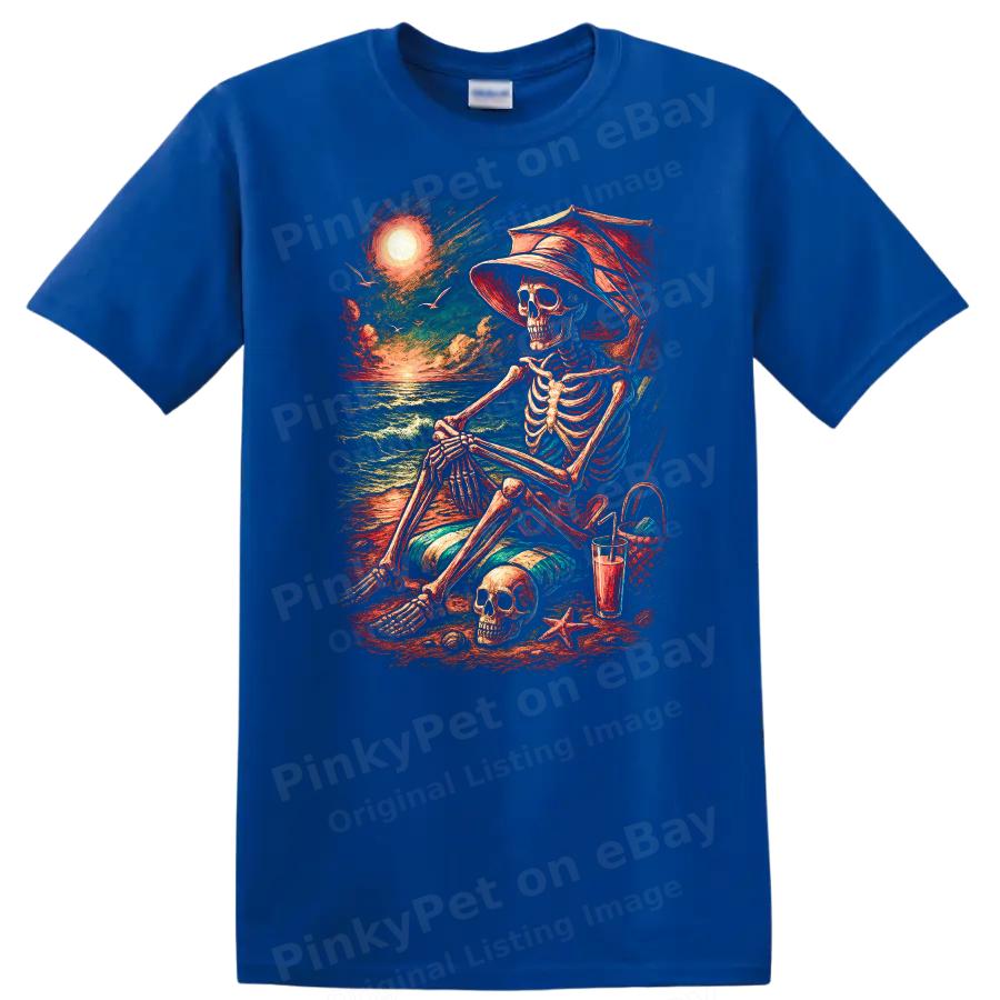Skeleton Beach Scene Relaxing T Shirt Chill Sunset Ocean Vibes Casual Tee