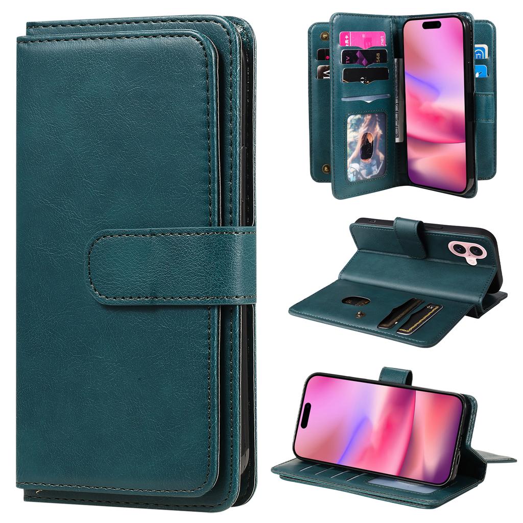 For iPhone 16 Leather Case with 10 Card Holder Phone Cover Stand