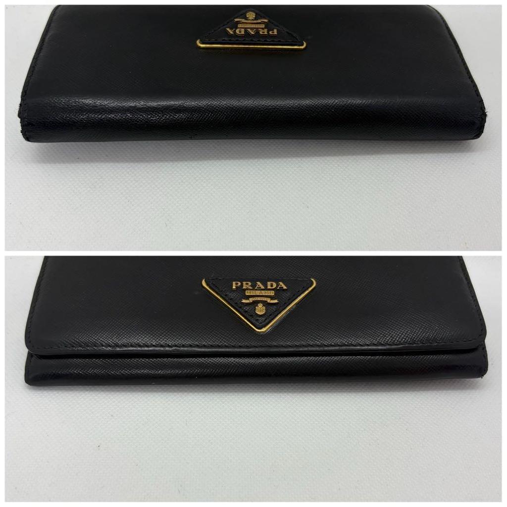 Used Peak Prada Long Wallet Folding Wallet Shibo Leather Triangle Logo Black