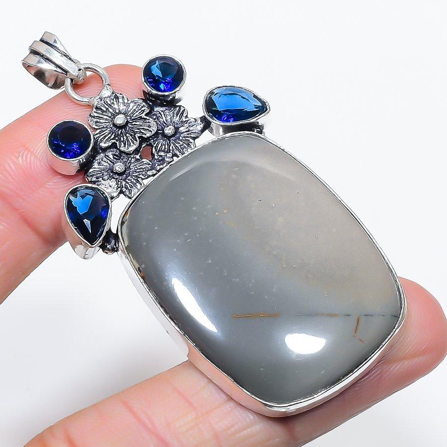 Natural Picture Jasper, Amethyst 925 Sterling Silver Jewelry Pendant 2.76" t5f45