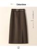 Coffee-colored Retro Wool A-line Midi Skirt, Women's Autumn/Winter 2025, Suit-style with Slit and Hip-hugging Fit