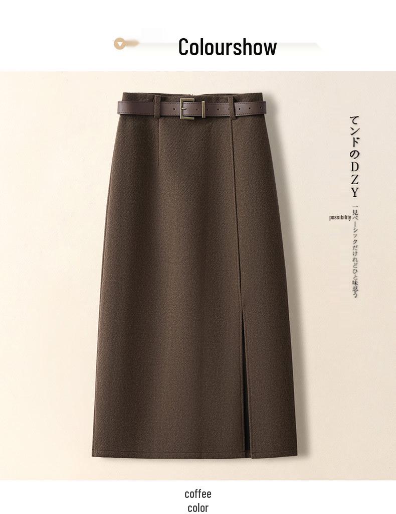 Coffee-colored Retro Wool A-line Midi Skirt, Women's Autumn/Winter 2025, Suit-style with Slit and Hip-hugging Fit