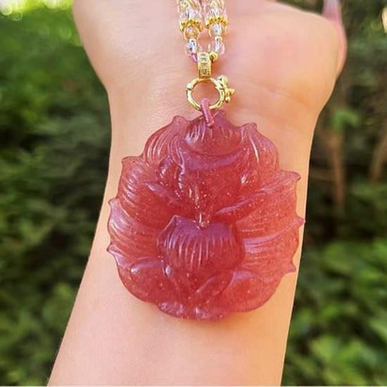 Strawberry Crystal Nine-Tailed Fox Necklace & Sweater Chain in New Chinese Style with Fox Fur Accents