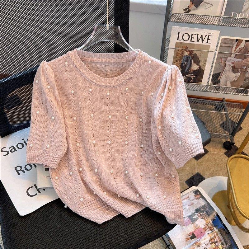 Women Elegant Pearl Decor Puff Sleeve Knit Short Sleeve T Shirt