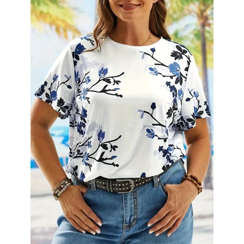 Damski T-shirt z krótkim rękawem z nadrukiem 3D roślin i kwiatów, odzież z okrągłym dekoltem, luźny T-shirt plus size