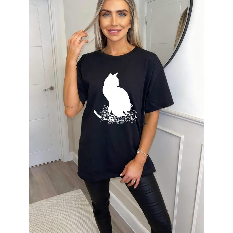 Oversized T Shirt Black Cat And Flowers Print Casual Wear For Women Summer Outfit Streetwear Fashion Top