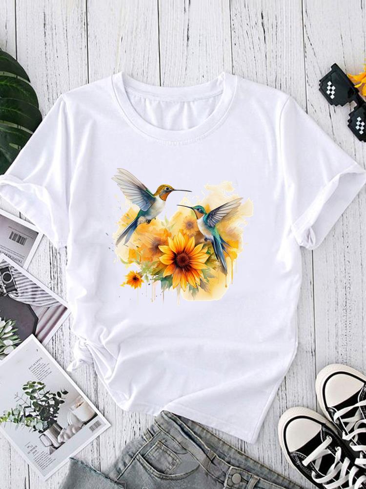 (Asian Size) O-neck Short Sleeve T-shirts Fashion Female Casual Clothing love heart flower Women's Top T shirt Printed Graphic Tee