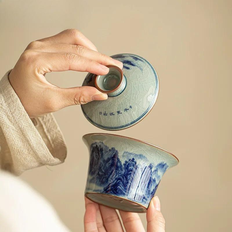 160ml Jingdezhen Blau-Weiß Deckelschale Zen Tausend Meilen Gaiwan Boutique Hufeisen Teekanne Teekocher Teegeschirr Handwerk