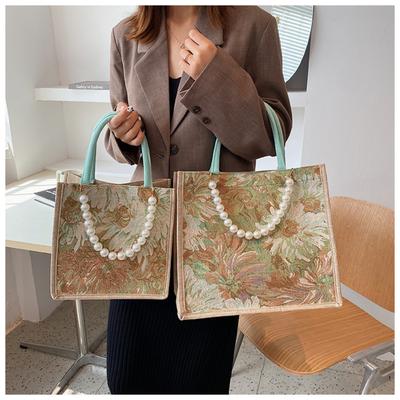 New Weave Canvas Handbags with Pearl Chain Tote Shoulder Bags Women Shopping Bag