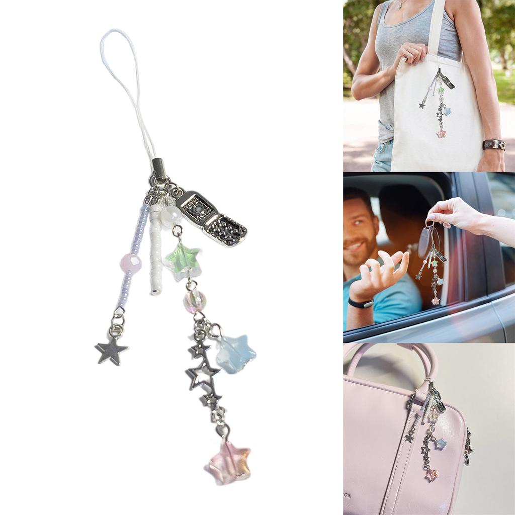 Star and Flip Cover Phone Keychain Colorful Beaded Keyring Detachable Key Chain Alloy Acrylic Accessory for Women