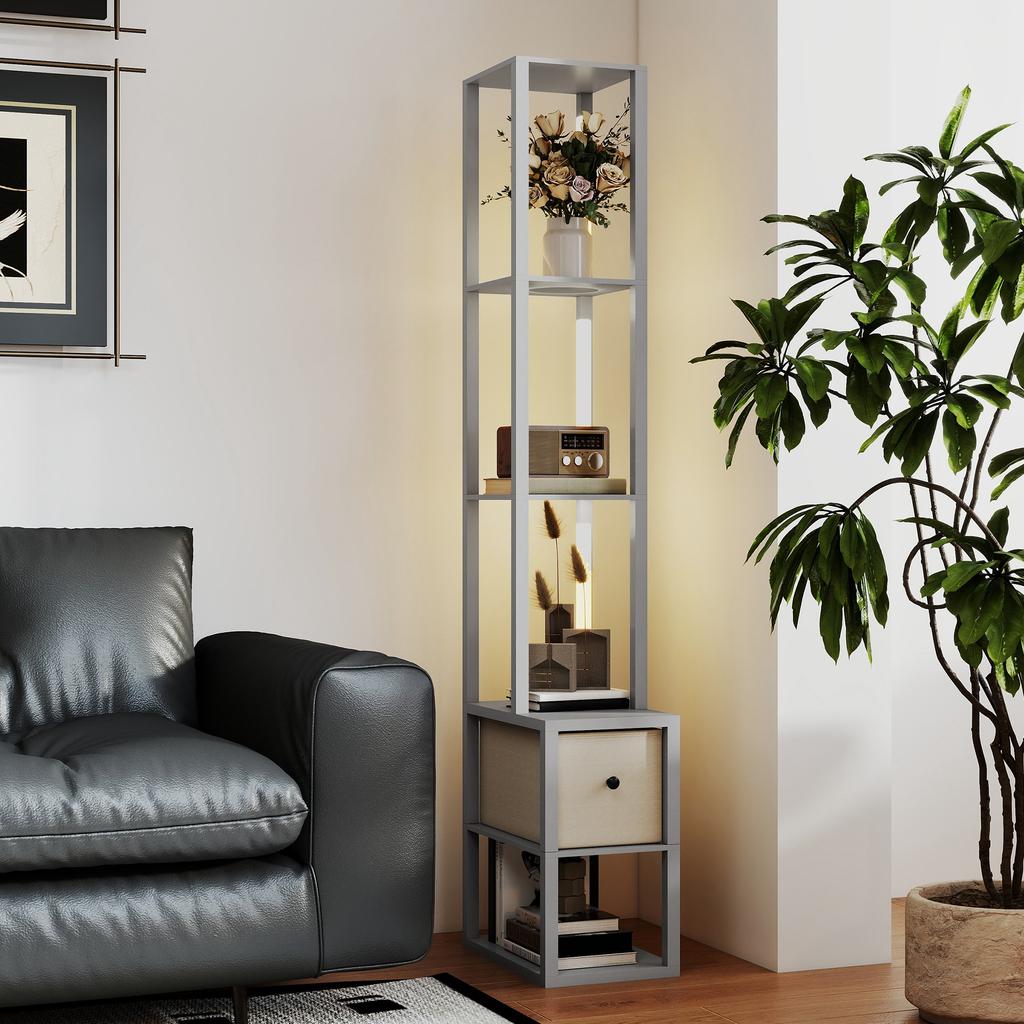 Floor Lamp with Shelves, LED Column Modern Standing Lamp with Fabric Drawer, Adjustable Brightness, Foot Switch for Living Room, Bedroom, Office, Grey