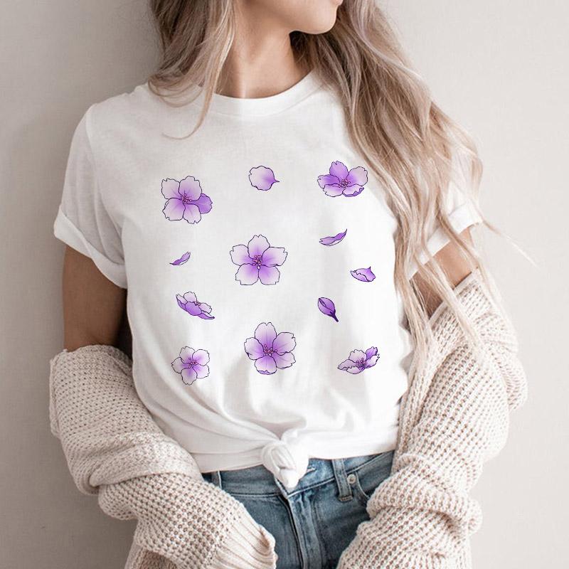 Women Tshirt Cartoon Purple Flower Floral 2025 Summer Spring T Shirt Female Clothes Graphic 90S Aesthetic Kawaii Tee Tops Lady
