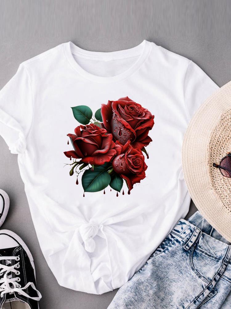 (Asian Size) flower sweet floral Women's Clothing Print Short Sleeve T-shirts Fashion Female Casual Top T O-neck Graphic Tee