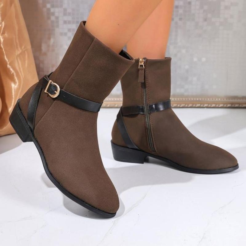 Classics Suede Short Boots Woman Round Toe Mid Calf Boots Flat Shoes Women Belt Buckle Boots Winter New Women Ankle Boot