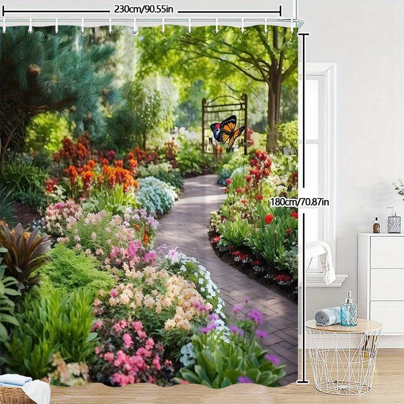 1pc Vibrant Garden Pathway Shower Curtain - Serene Garden Atmosphere with Colorful Flowers, Wooden Gate & Butterfly Sculpture