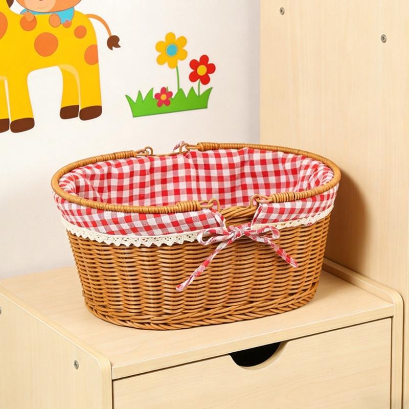 Woven Picnic Basket With Checkered Lining And Top Handle For Outdoor Camping Gathering And Fruit Vegetable Toy Storage