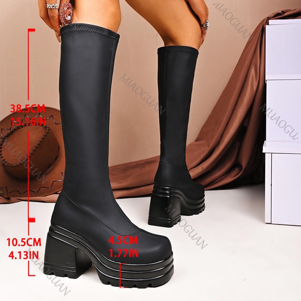 Fashion Autumn and Winter Black Long Boots for Women Platform Large Size Round Head Chunky High Heels Bota Feminina Elastic Knight Boots