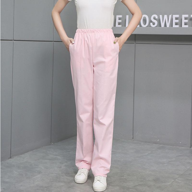 Thick Elastic Waist Nurse Uniform Pants - White, Pink, Blue, Green, Large Size