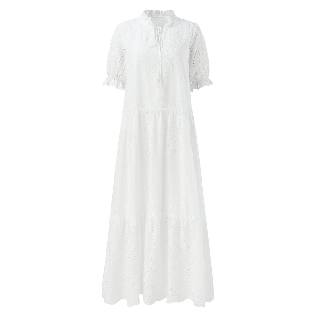 Summer White Dress for Women Casual Hollow Crochet Bohemian Loose Beach Long Dress Ladies Holiday Ruffles Dress