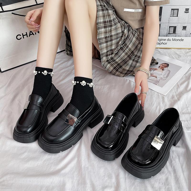 Loafers women's 2025 spring and autumn new thick-soled one-pedal black uniform French muffin sole small leather shoes women's shoes