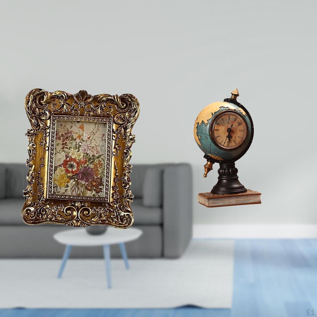 Floral Globe Photo Frame with Modern Statue Table Clock Antique Picture Holder Art Craft Ornament