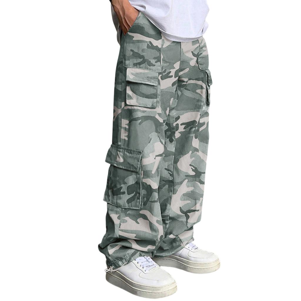 Men's Loose Casual Multi-pocket Work Pants, Youth Stretch Waist Drawstring Pants