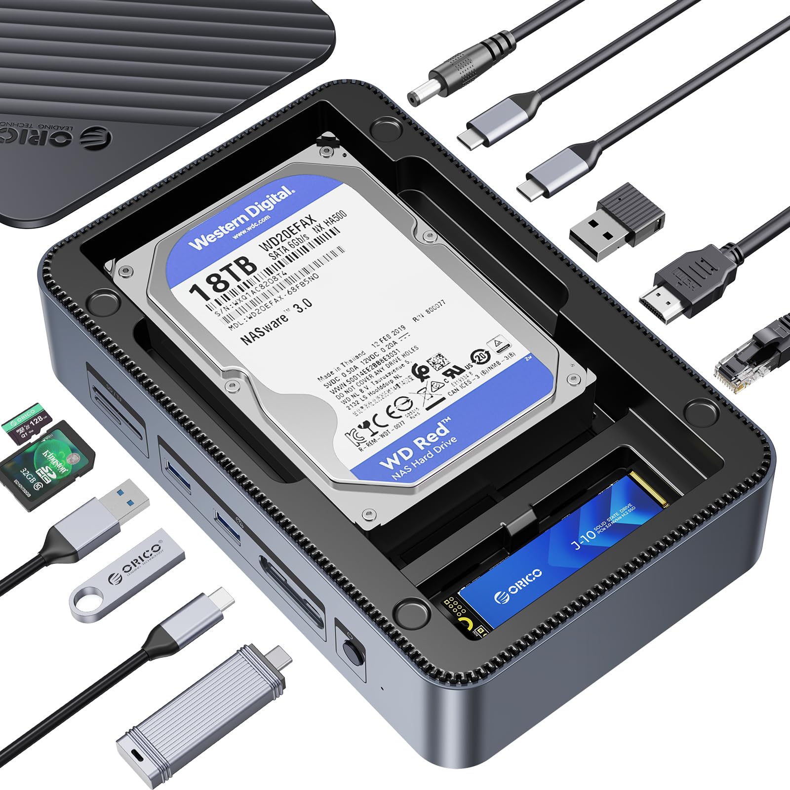 

ORICO Hub HDD Docking Station Supports NVMe 10Gbps HDMI Card Gigabit 100W PD Fast Compatible USB-C 12-in-1 M.2 SSD, SATA, 2.5 /3.5 HDDs, High-Speed