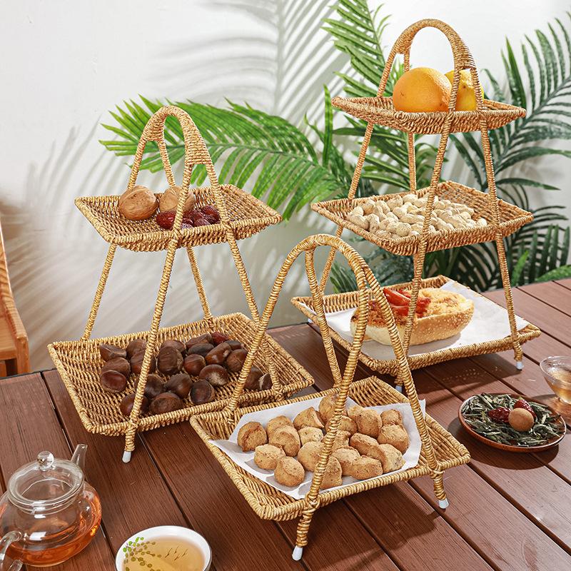 Rattan Style Multi Layer Fruit Basket Tea Snack Tray Home Storage Organizer