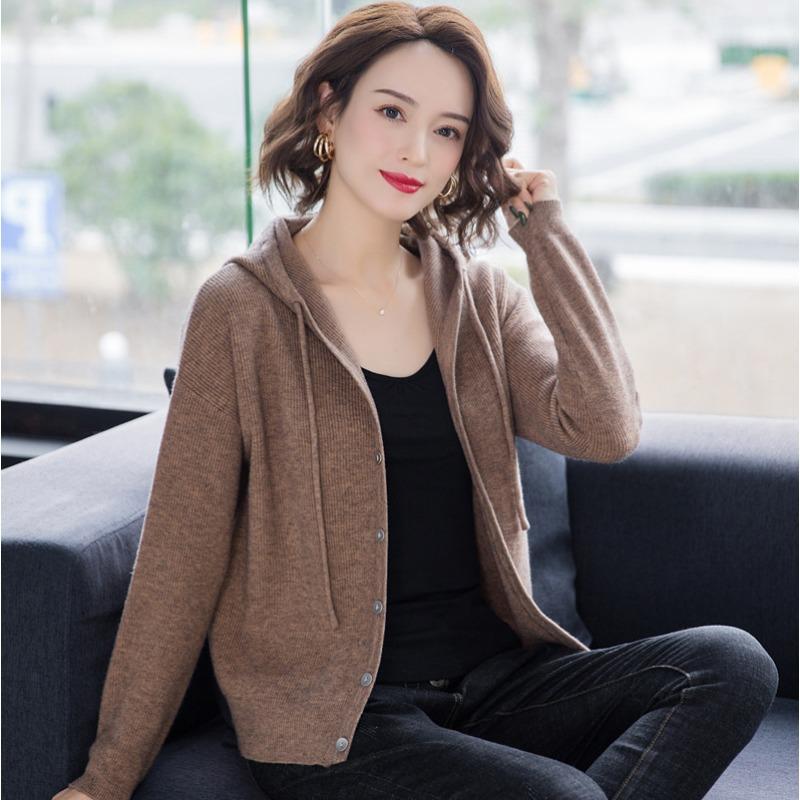 

Women s Knitted Cardigan Spring Autumn New Style Solid Color Hooded Sweater Coat Loose Casual Versatile Single Breasted Top OneSize коричневый
