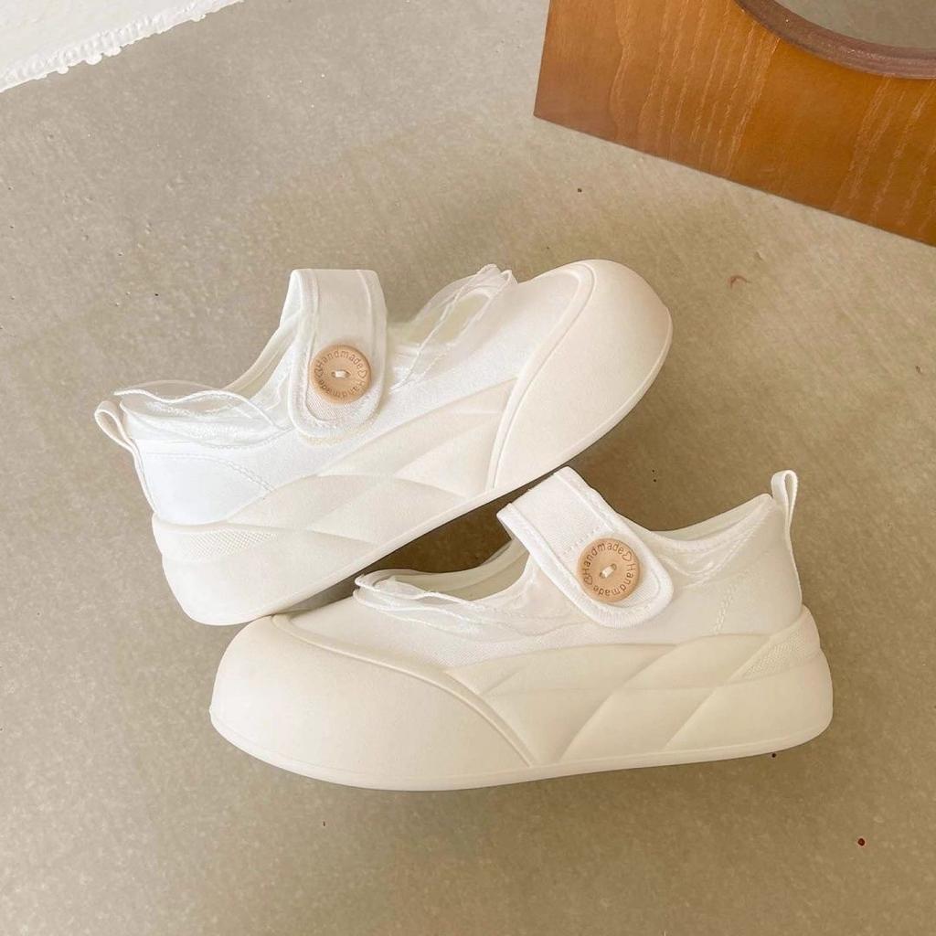 Lace Little White Shoes Women's Summer 2025 New Velcro Canvas Shoes Female Students Thick Baseplate Shoes Mary Jane Women's Shoes