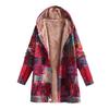 Women Winter Coat Vintage Ethnic Printing Patchwork Plush-lined Hooded with Pockets Mid Length Button-down Outdoor Jacket