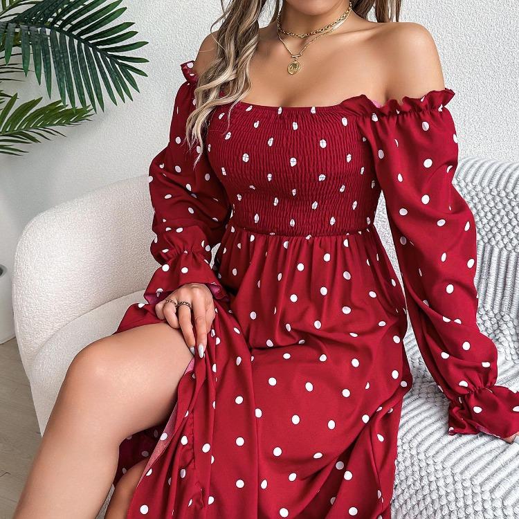 Autumn Winter Women Lace Up High Waist Long Sleeve Pleated Dress Solid Dot Temperament