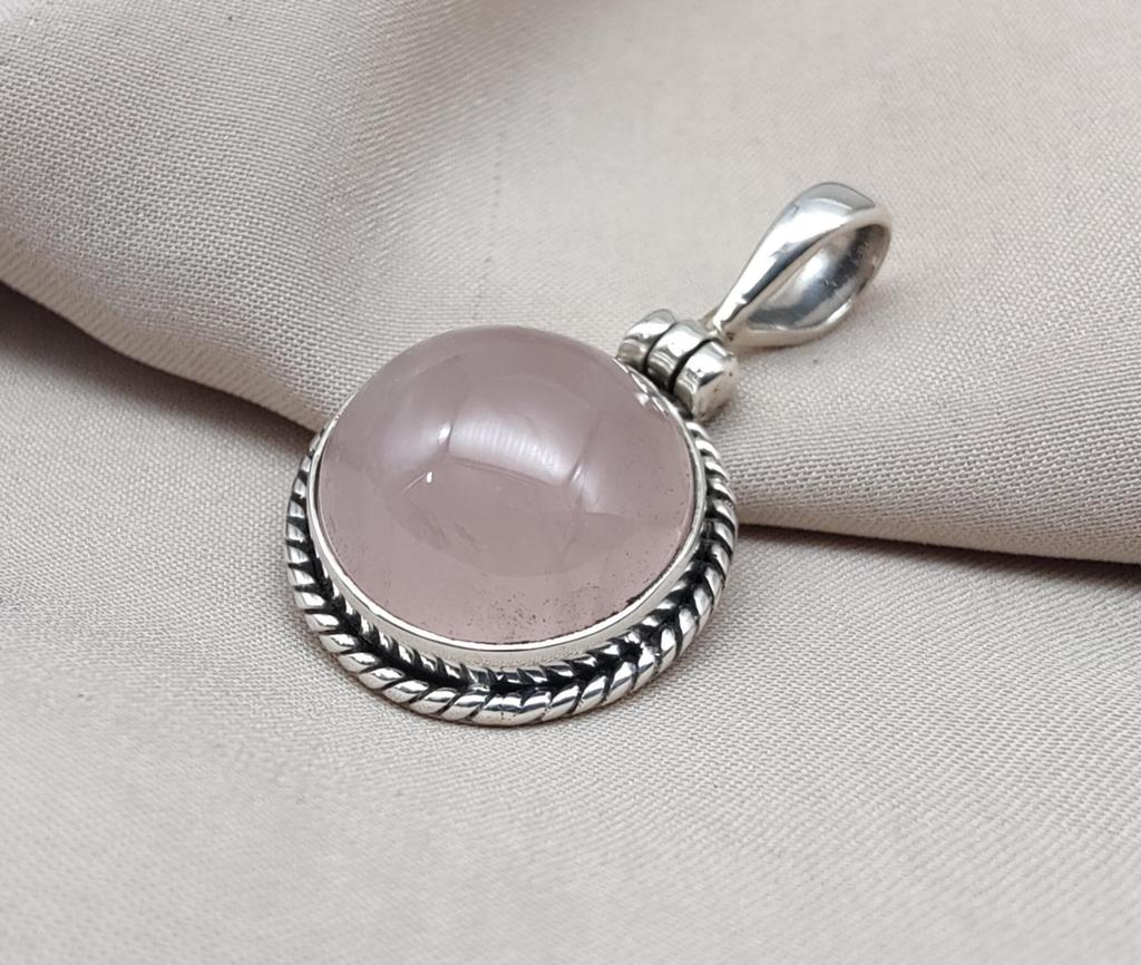 Handmade Rose Quartz Pendant: 925 Sterling Silver Round Necklace