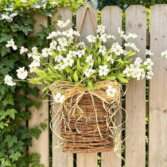 Cesto Appendiporta Ghirlanda Primavera Estate Fiori Artificiali in Cesto di Vimini per Porta d'Ingresso Rustico Cesto Appendibile in Rattan Ghirlanda per Casa Portico Ingresso
