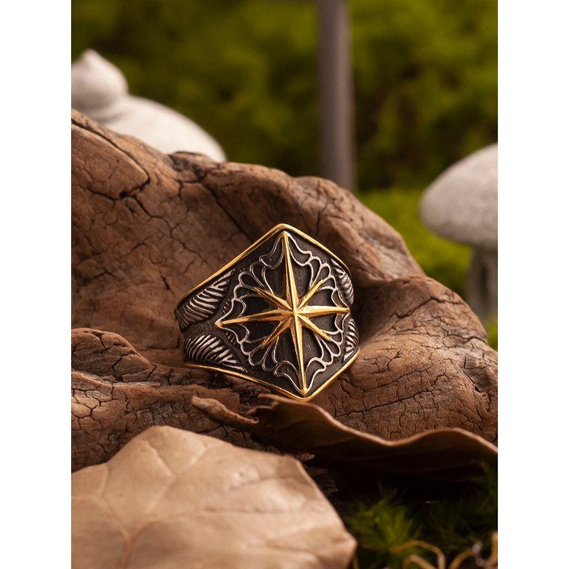 Night Works "Firm GUARD" Fashion Retro Gold North Star Wide Style Ring for Men Plus Size
