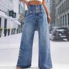 Denim Wide Leg Jeans With Open Slit And Button For Trendy Streetwear Women