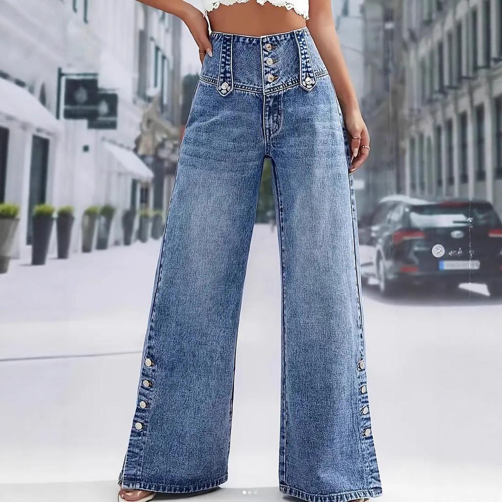 Denim Wide Leg Jeans With Open Slit And Button For Trendy Streetwear Women